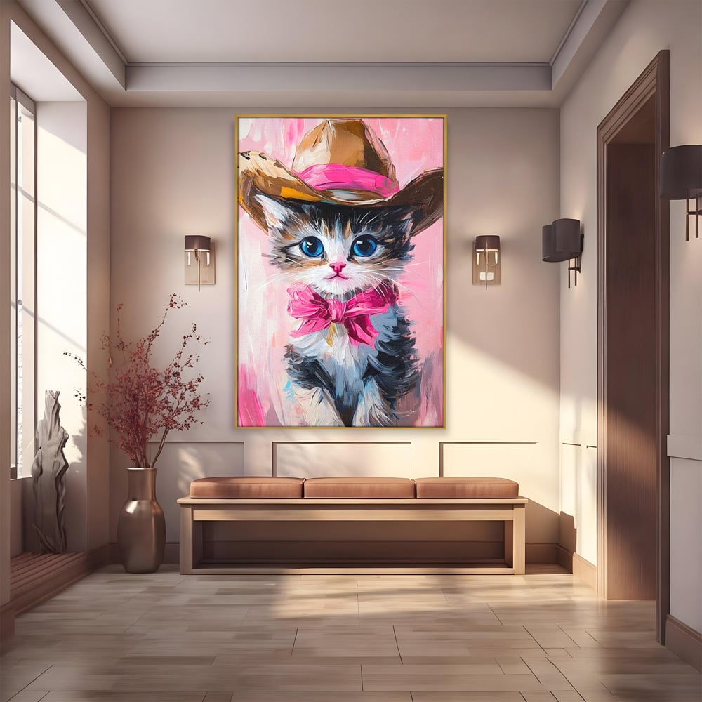 Tablou canvas cu tablou canvas cu pisicuta cowboy, in rama de aluminiu auriu